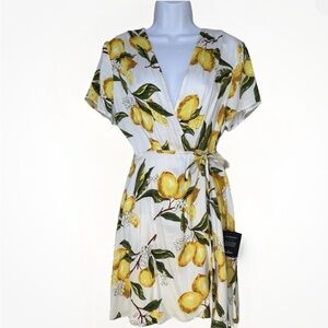 Lulus A La Tart White and Yellow Lemon Print Wrap Dress NWT